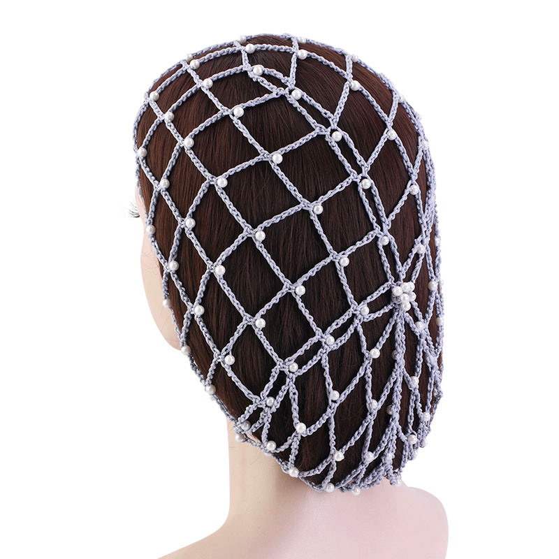 Rayon Hair Net Beaded Pearl Crochet For Women Solid Color Elastic Snood Casual Ladies Hair Accessories: GRAY