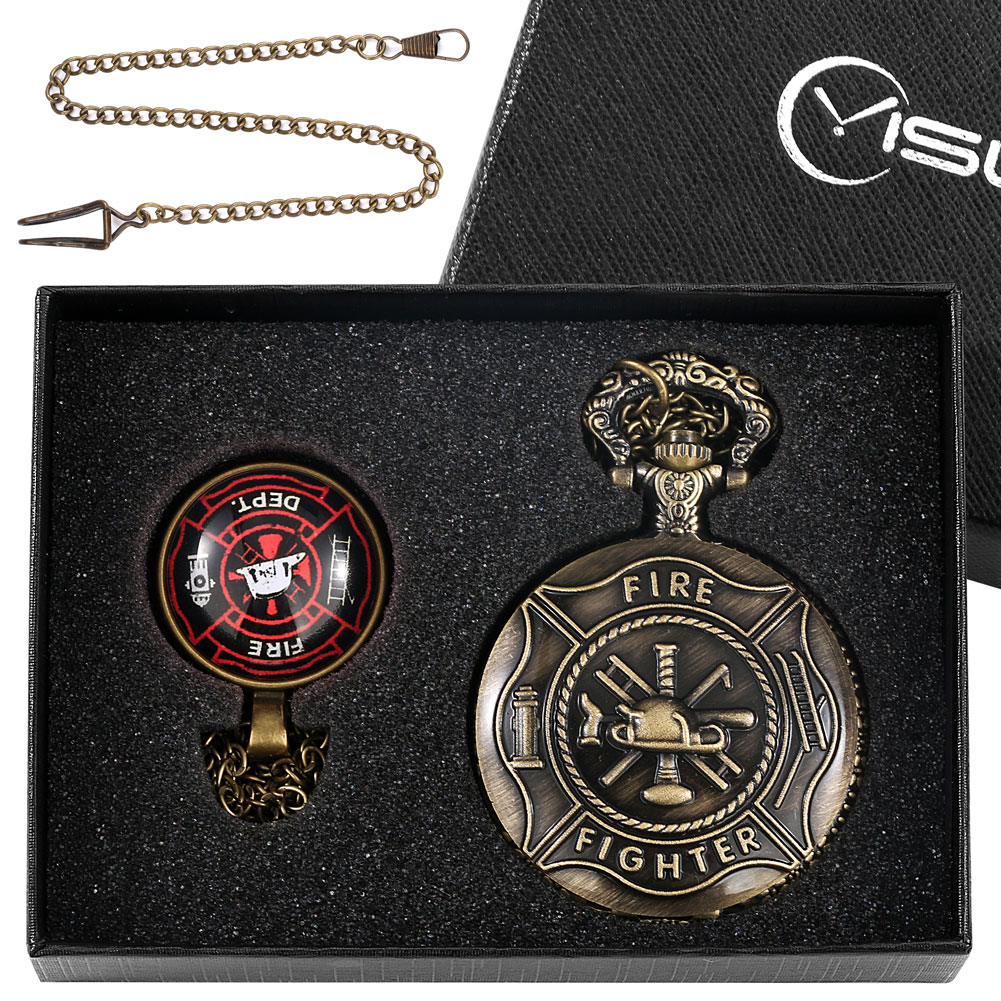 Red Fire Fighter Quartz Pocket Watch Box Set Punk Firefighter Necklace Pendant Memory Firemans Arabic Number Fob Watch Relgio: Watch Gift Set 3