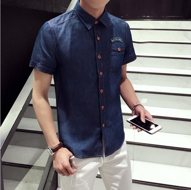 Jeansskjorta herr sommarstil kortärmad fritidsskjorta smal bomull camisa social masculina storlek 3xl