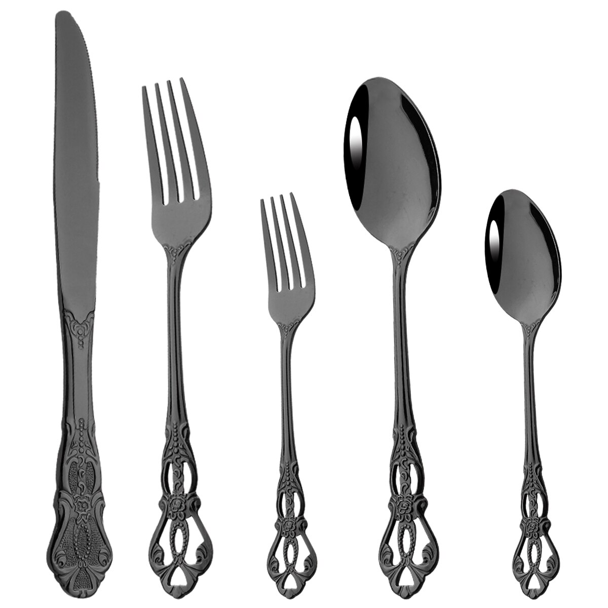5Pcs Luxury Silver Western Dinnerware Set Stainless Steel Flatware Cutlery Set Home Fork Knife Spoon Tableware Silverware Set: Black