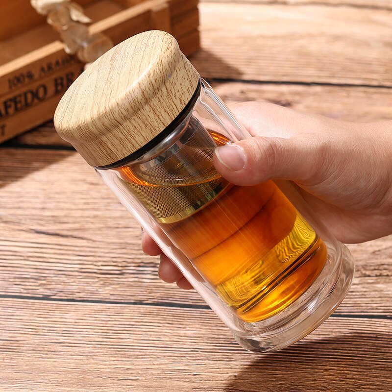 Teflaska glasflaska vattenflaska infuser med filtersil borosilica dubbelvägg dryck bambu lock 230ml bil dryckesartiklar