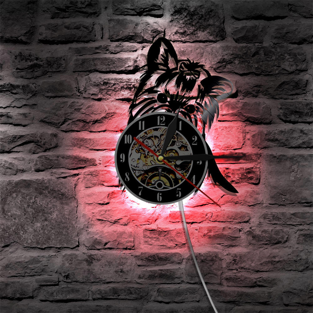 Yorkie Portrait Artist Dog Wall Clock Pet Shop Wall Art Vinyl Record Clock with LED Night Light Yorkshire Terrier Dog Breed
