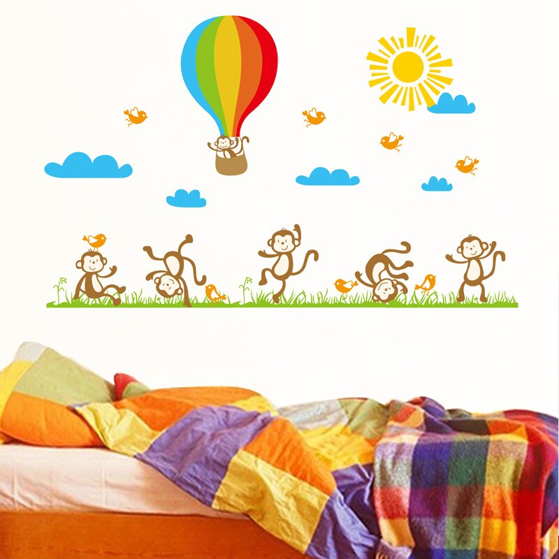 Aap luchtballon Muurstickers voor kinderen kinderkamer achtergrond decoratie nursery Mural Behang Art Decals sticker