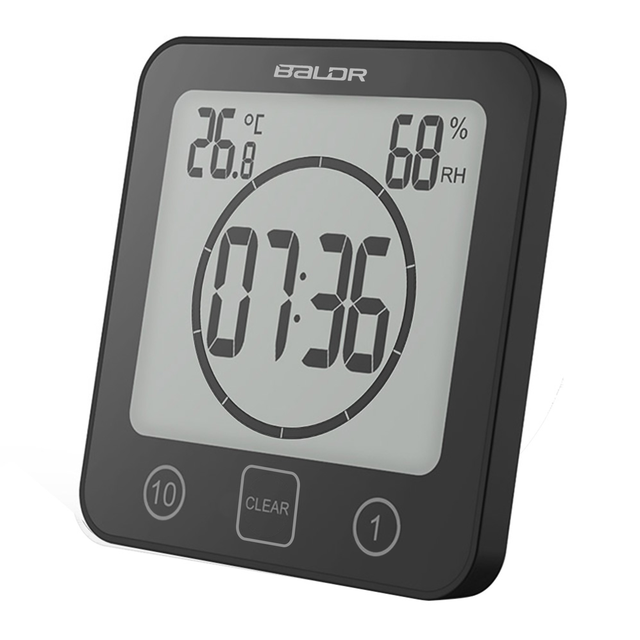 Reloj de pared Digital LCD para baño, cronógrafo de pared con pantalla LCD, resistente al agua, con temporizador, temperatura, humedad, para cocina y cuarto de baño: Negro