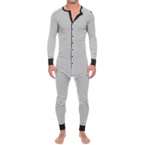 Horizontale Gestreepte Een-Sies Voor Volwassenen Mannen Lange Mouw O Hals Nachtkleding Jumpsuits Mannen Romper Lange Algehele Homewear Mens een-Sies: WHITE / M