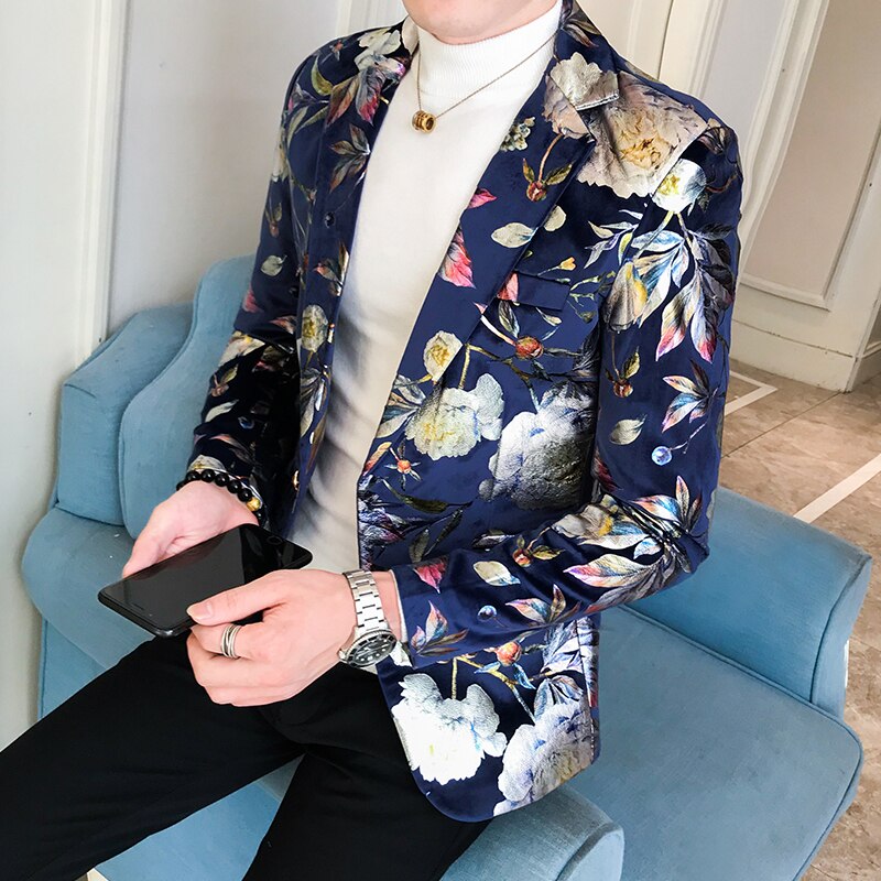 Menn blazer luksus blomster allover utskrift ball dress blazere single button party mann nattklubb slim fit bryllup dress jakke
