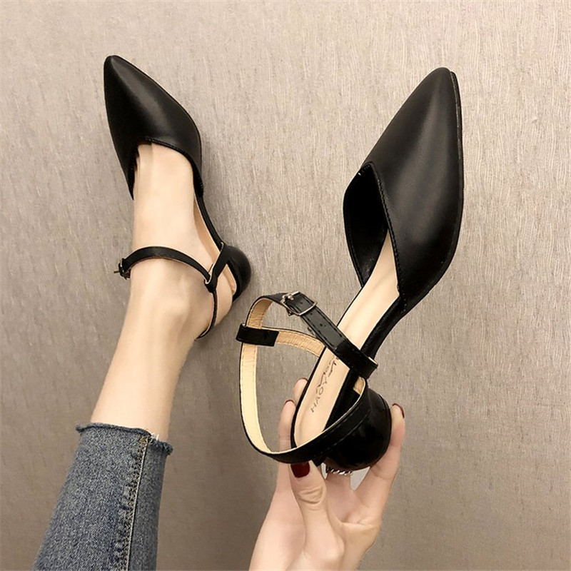 Leren puntige sandalen dames lente zomer schoenen dames gesp band ronde hak pumps ribband feest dames schoenen