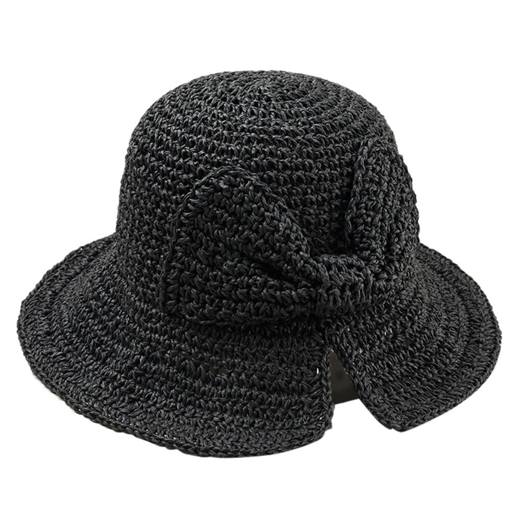 femmes été chapeau plage paille chapeau Panama dames casquette Vintage plat large bord Bowknot soleil chapeaux pour femmes Sombrero Mujer: Black