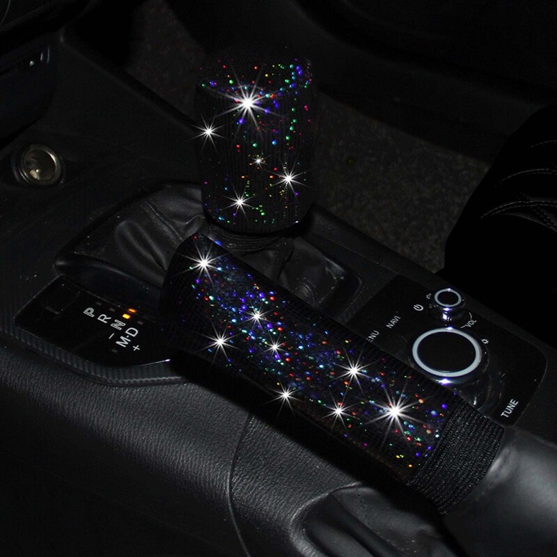 1 set diamant kristall bil växelkrage lock glitter strass auto shifter handbroms dekorationer interiörtillbehör: Svart
