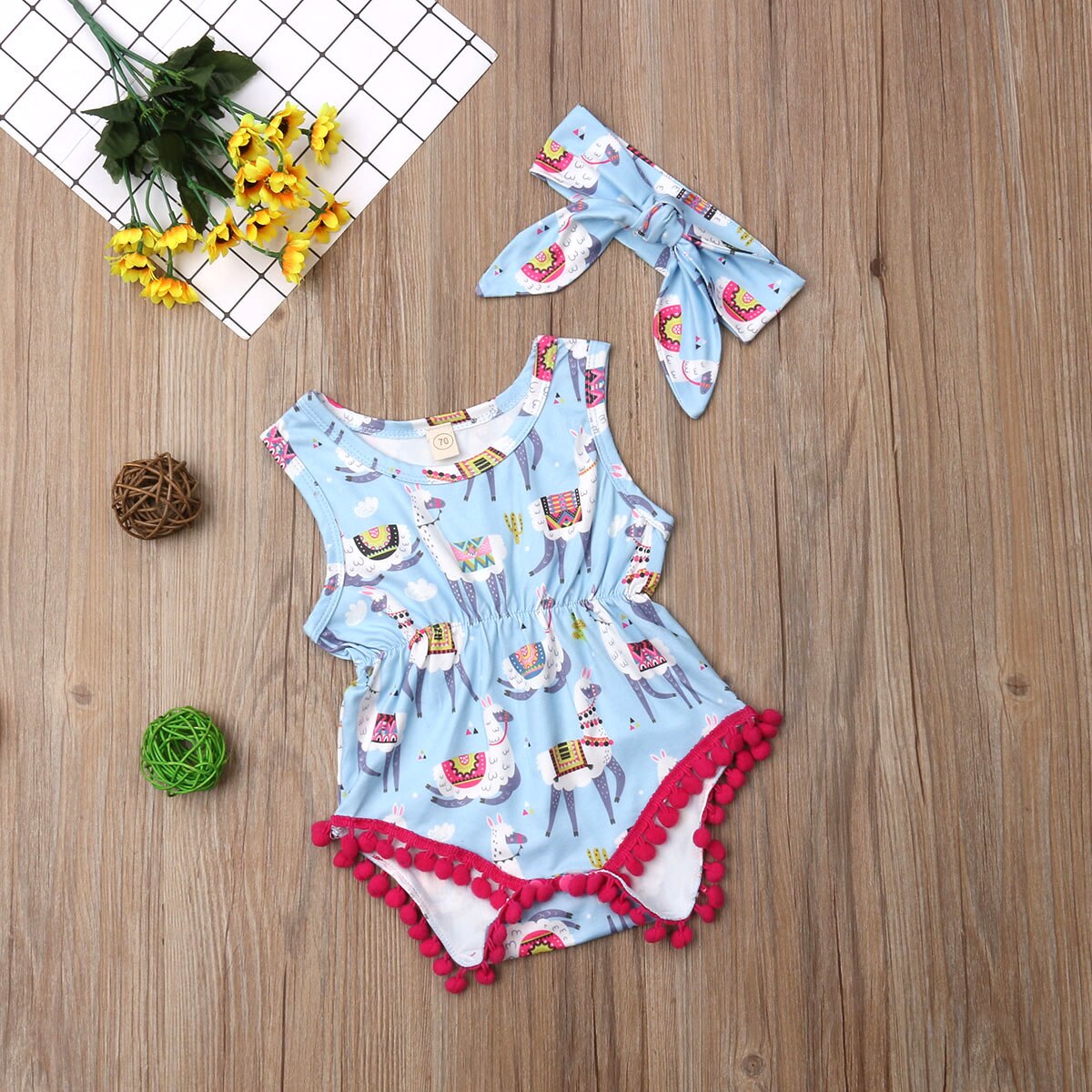 Neue Neugeborenen Kleinkind freundlicher Baby Mädchen Junge Alpaka Bodys Quaste Ball Ärmelloses Drucken Elastische Taille Sommer Overall