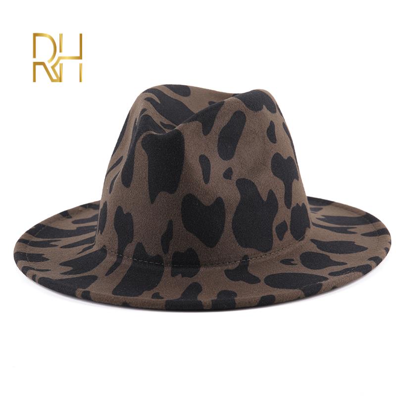 Men Women Wide Brim Wool Felt Cow Print Fedora Hats Vintage Panama Trilby Cap Jazz Hat RH