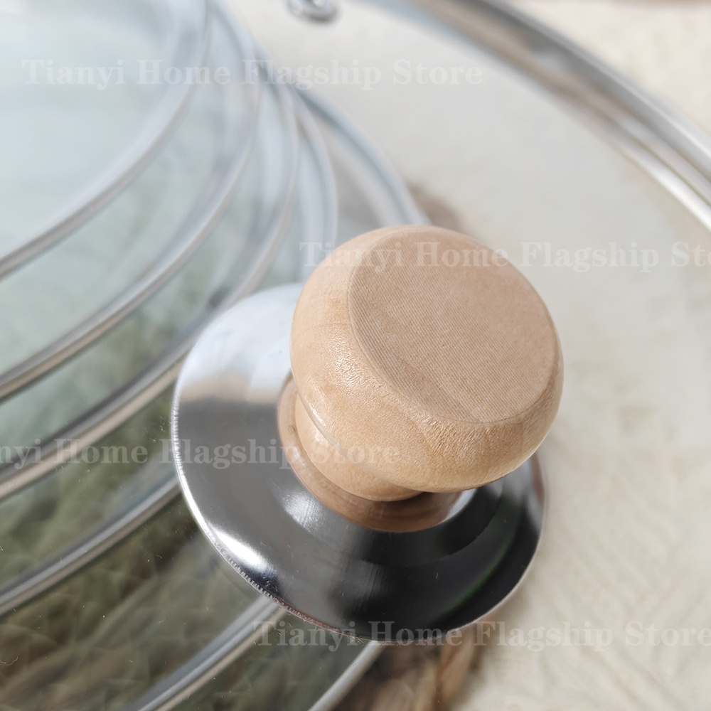 Tempered Glass Pot Lid Wooden Handle Rimmed Pan Lid Spill Shatter-Proof Round Chef Glass Cover for Versatile Home Cooking Pan