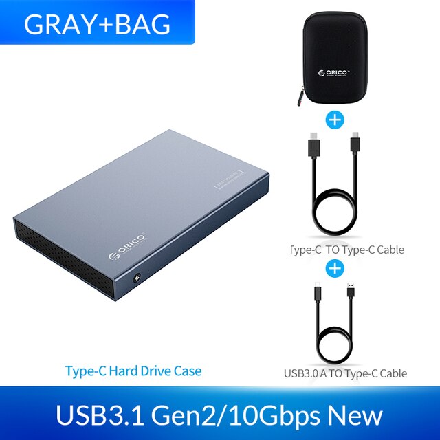 L&#39;alloggiamento ORICO 2518C3-G2 da 2.5 pollici SATA a USB 3.1 tipo C Gen 2 è adatto per custodia per disco rigido Samsung Seagate SSD da 4TB: Gray Add Bag