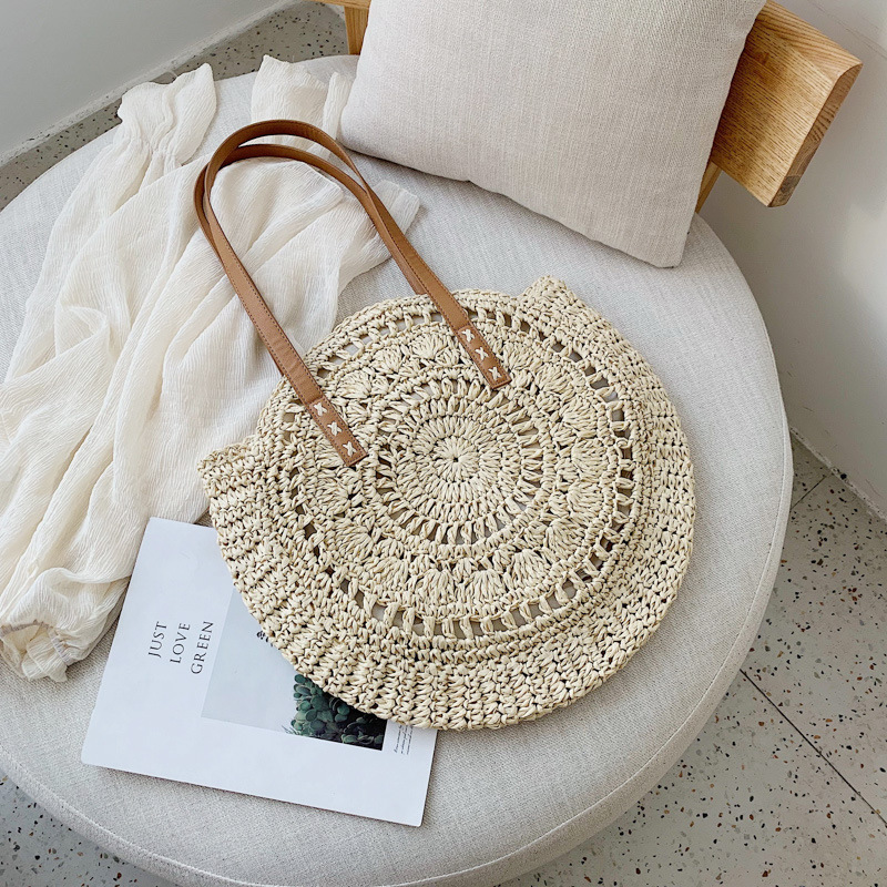 Rund strå strandtaske vintage håndlavet vævet skuldertaske raffia cirkel rattan tasker boheme sommerferie casual tasker