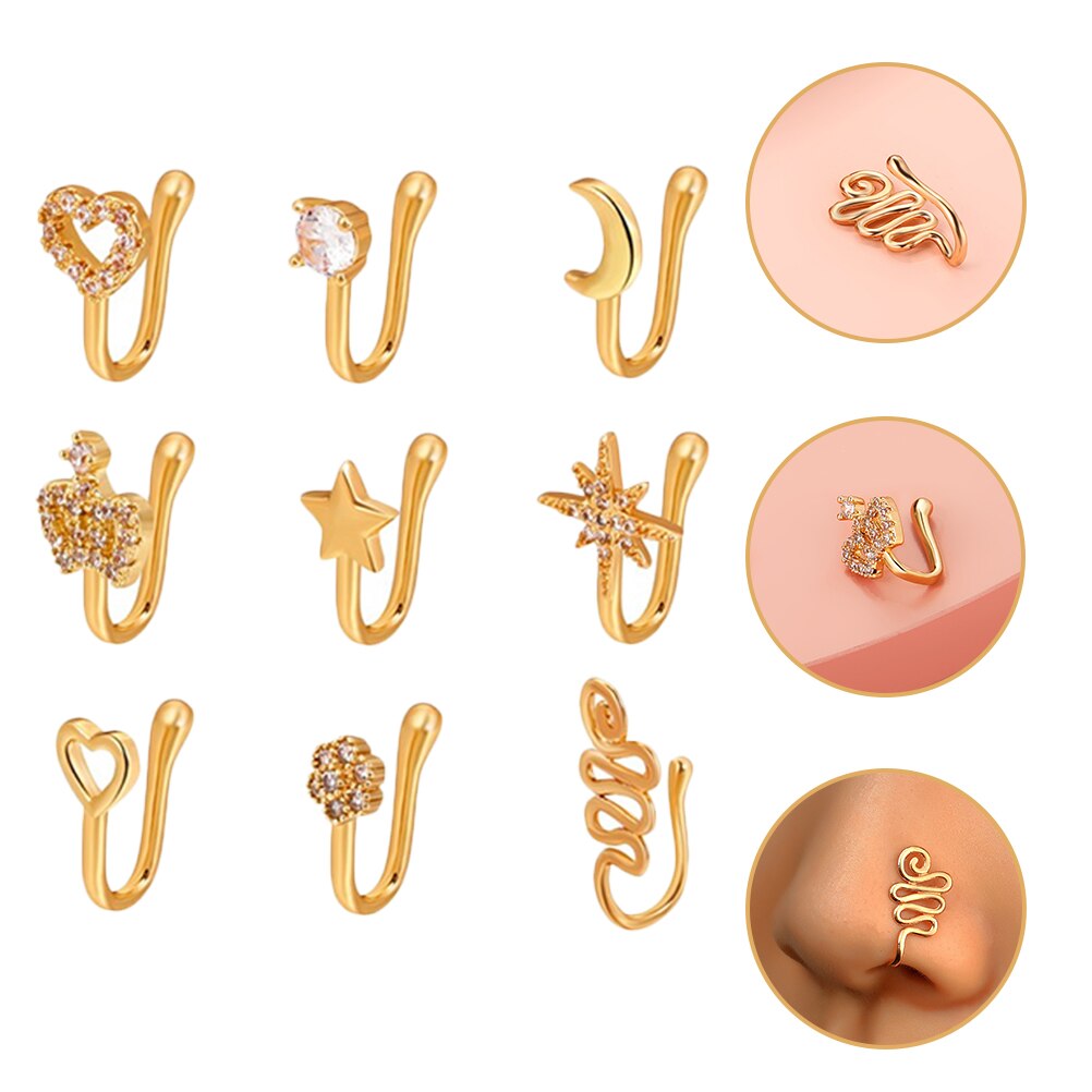 9pcs Nose Rings Copper Nose Cuff Clip Nose Decor for Girls