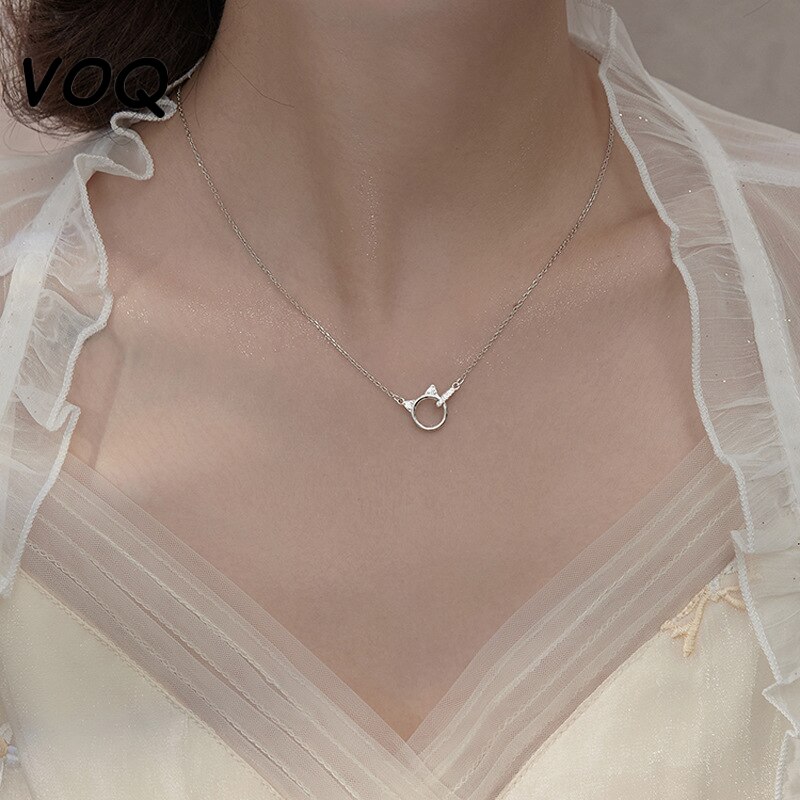 Voq Zilveren Kleur Eenvoudige Leuke Kat Zirkoon Hanger Ketting Sleutelbeen Keten Vrouwen Sieraden