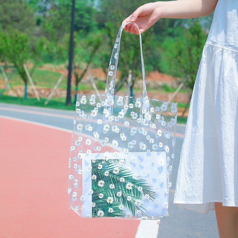 Brivilas pvc transparent sac à provisions femmes fleurs étanche voyage stockage sac à main portable sac à bandoulière sac fourre-tout