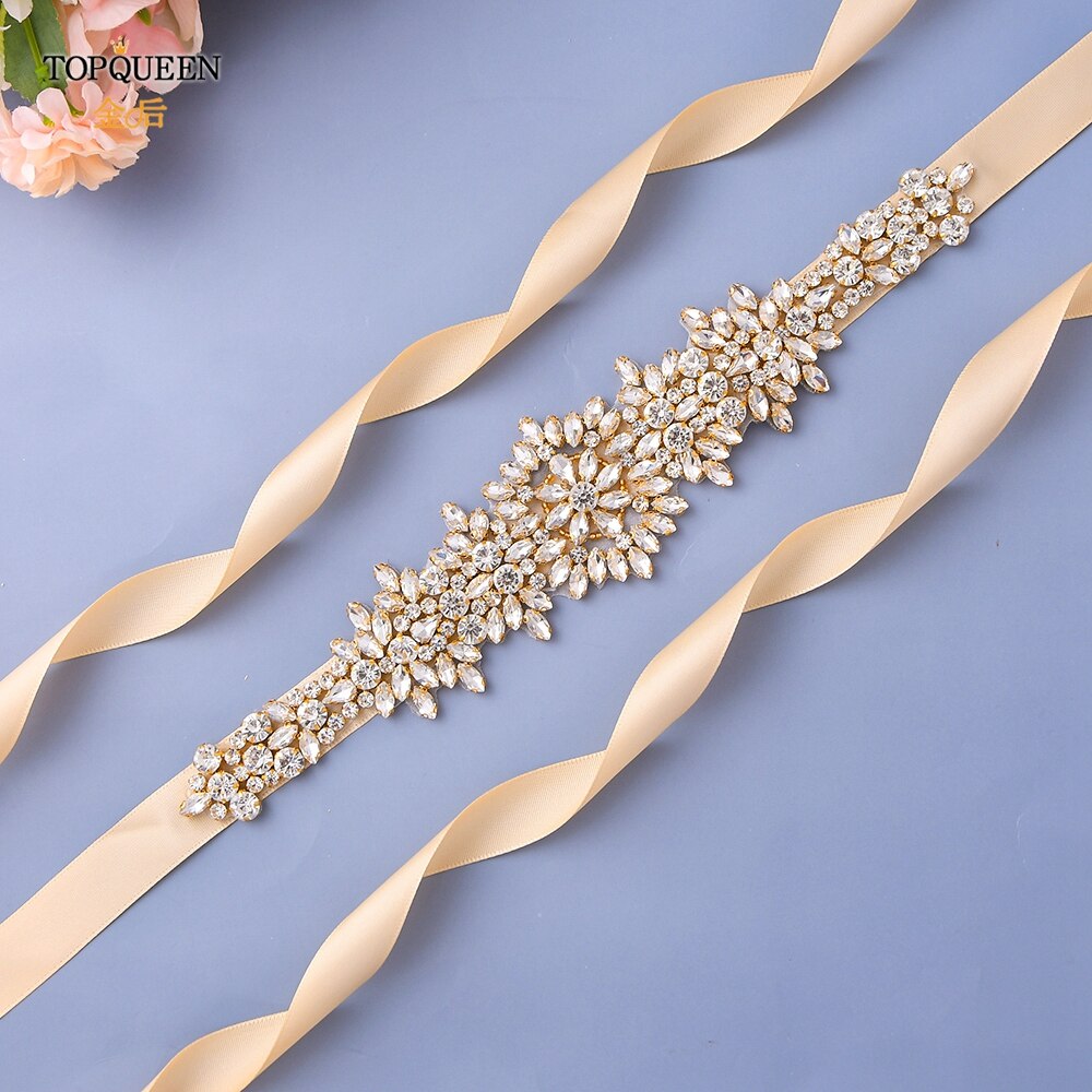 TOPQUEEN-cinturones para vestidos de novia de talla grande S319-G, cinturones dorados para mujer, cinturón de diamantes de imitación, cinta de lujo para novia, faja de boda