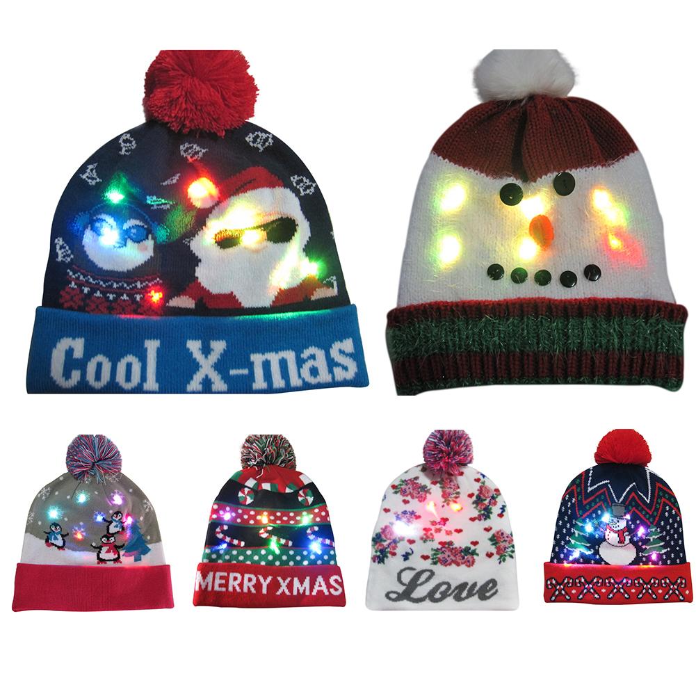 Gebreide LED Verlichting Kerst Hoed Gloeiende Hoed Vrolijk Kerstfeest Decoratie Jurk Xmas Cap Kleurrijke Licht Winter Warmer Wol Cap