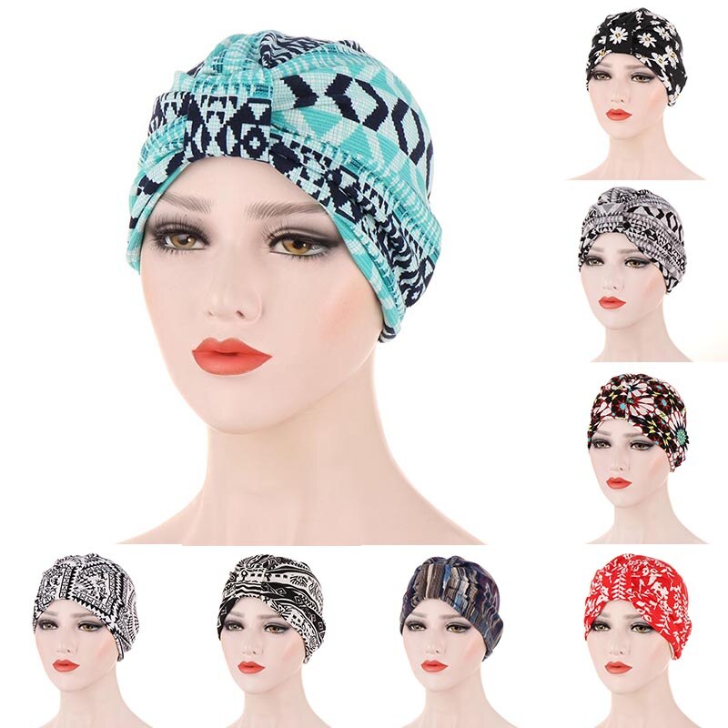 Floral Boho envuelto cabeza turbante señoras pelo accesorios Multi-uso muestras de lazo impreso gorros hindúes gorros de quimio para las mujeres