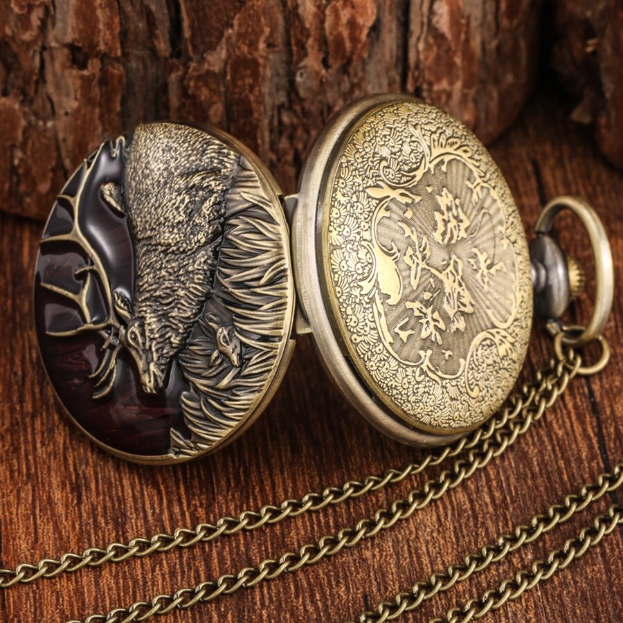 3D Brons Lange Horens Elanden Quartz Zakhorloge Ketting Herten Dier Hanger Ketting Klok Analoge Fob Steampunk Klok