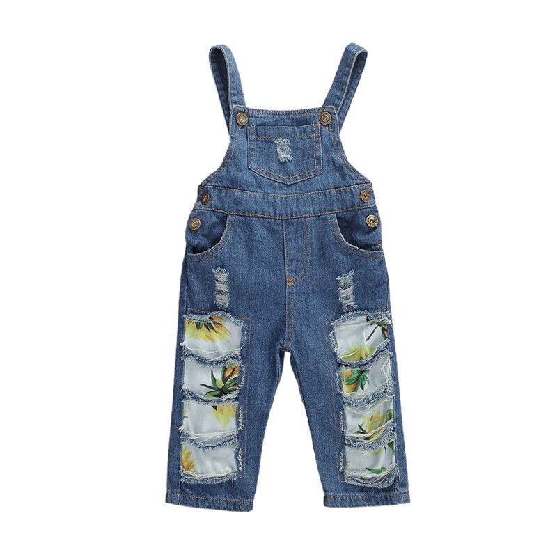 Estate Del Bambino Dei Capretti Del Bambino Delle Ragazze Tute E Salopette Pagliaccetto Fiori di Stampa Blu Denim Pantaloni Dritti Lunghi Tute E Tute Da Palestra Della Ragazza Del Bambino
