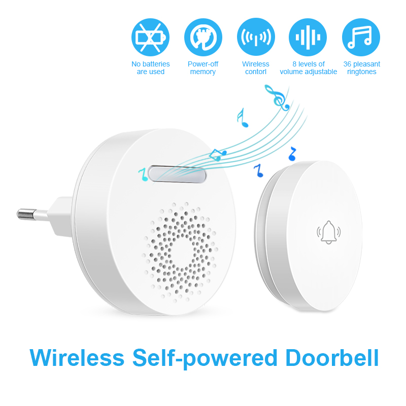 Campanello wireless autoalimentato Spina UE USA UK Opzionale Nessuna batteria richiesta Suoni accordi Suoni Suoneria Pulsante remoto impermeabile 100M