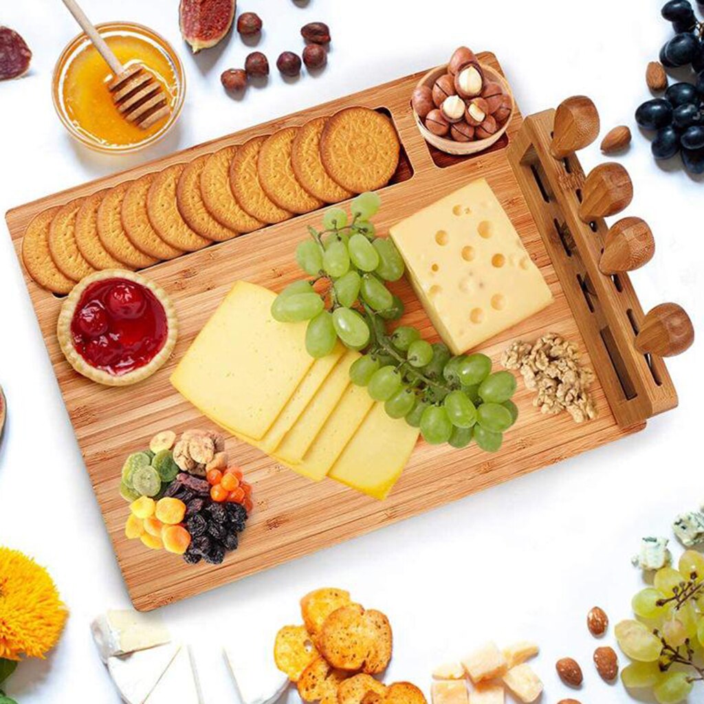 Bamboo Cheese Board Charcuterie Platter Serving Meat Board for Wine Crackers Charcuterie Snack Food Appetizers Fruit