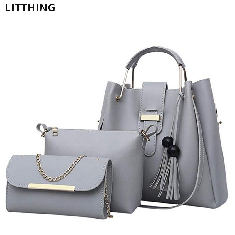 Litthing 2pcs/set Women Handbags Fashio Casual Luxury Handbags Shoulder Bags Bags Women Bag: gray B-3PCS