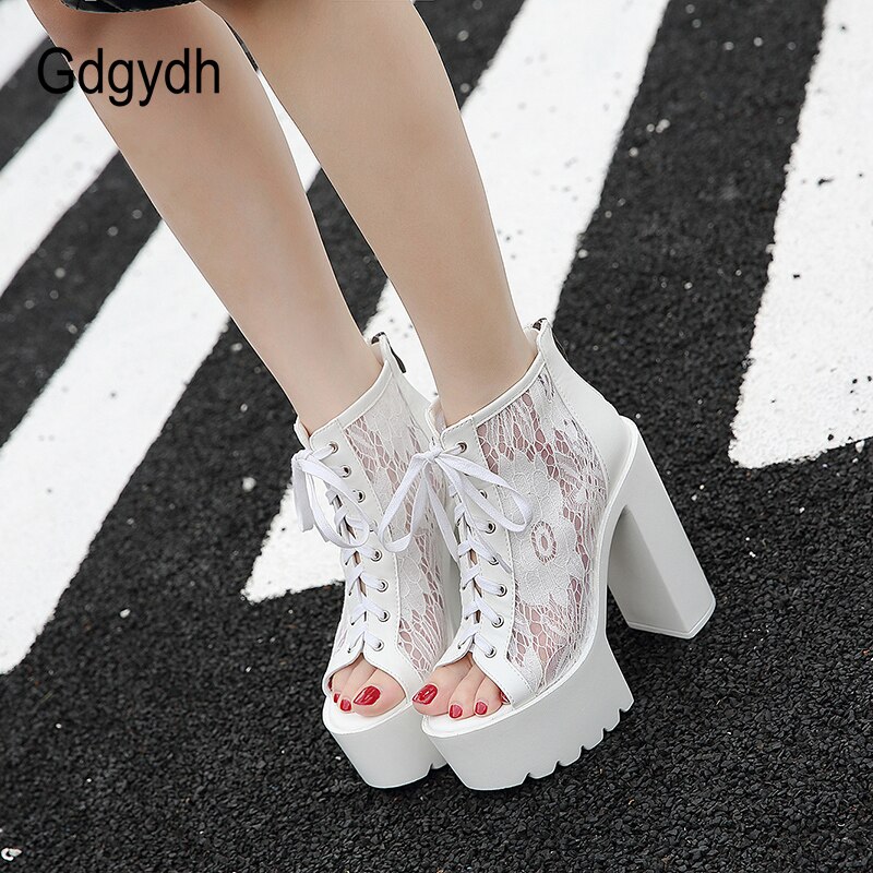 Gdgydh Peep Toe Enkellaars Voor Vrouwen Hoge Hakken Schoenen Model Party Lace Up Wedding Schoenen Voor Vrouwen Bruid Wit rubberen Zool