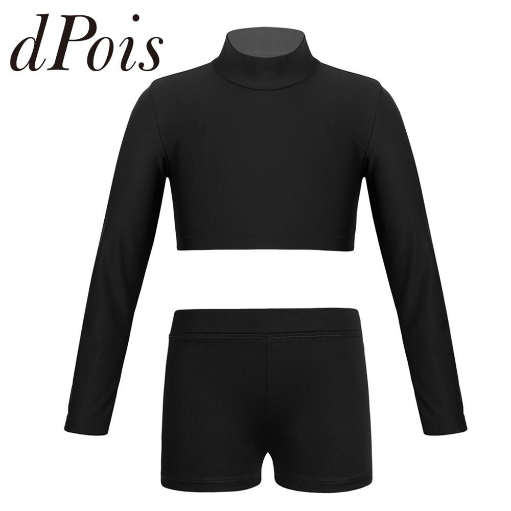 Børn piger lange ærmer crop top v-front linning shorts underdele danse sæt ballet gymnastik præstation træning sportsdragter