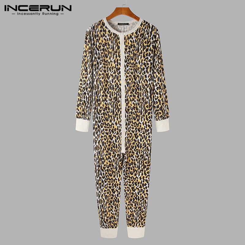 INCERUN Men Pajamas Jumpsuit Leopard Print Long Sleeve O Neck Fitness Leisure Homewear Rompers Cozy Men Overalls Nightwear