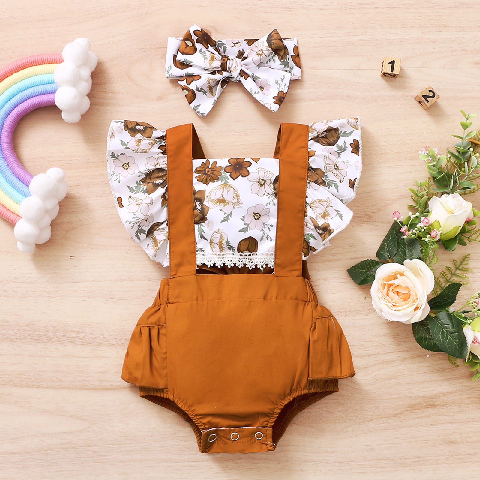 Summer clothes Infant Baby Girls Ruffle Floral Printed Backless Romper Bodysuit+Headbands Infant Clothing Outfits 3-18 Months