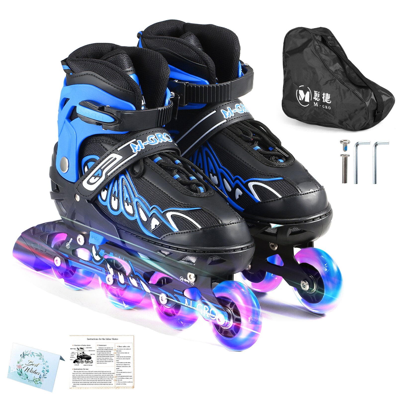 Adjustable Inline Skates with Illuminating 4 Wheels Roller Skates for Kids Boys Girls Ladies Skate Shoes Patines Patins: Blue / M