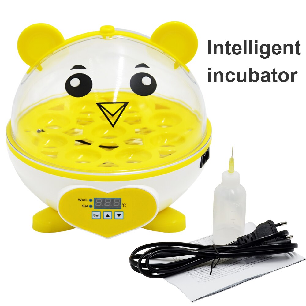 Coupon Cute Mini 9 Eggs Incubator Incubation Brooder Manual Egg Turning Chicken Duck Quail Birds Egg Incubator CE: yellow incubator / EU 220V