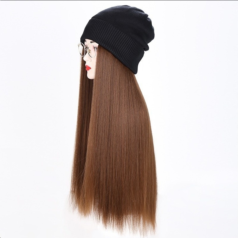 Sombrero con pelucas de pelo para mujer, pelo largo y liso, sintético, cálido y suave, gorro de punto, todo en uno, con sombrero: chestnut