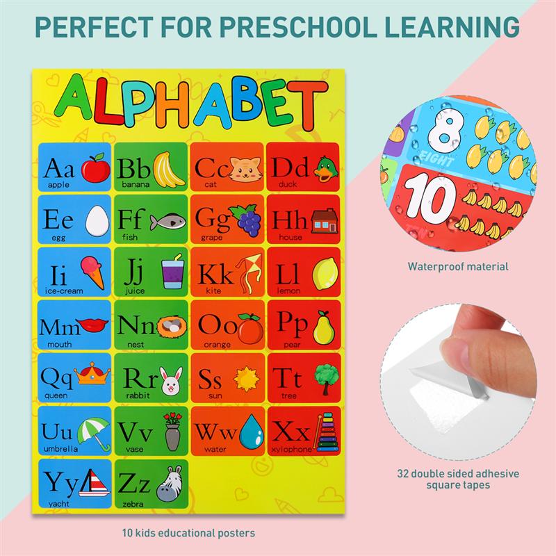 10PCS Educational Preschool Posters Charts for Preschoolers Toddlers Kids Kindergarten Classrooms Includes Alphabet Letters