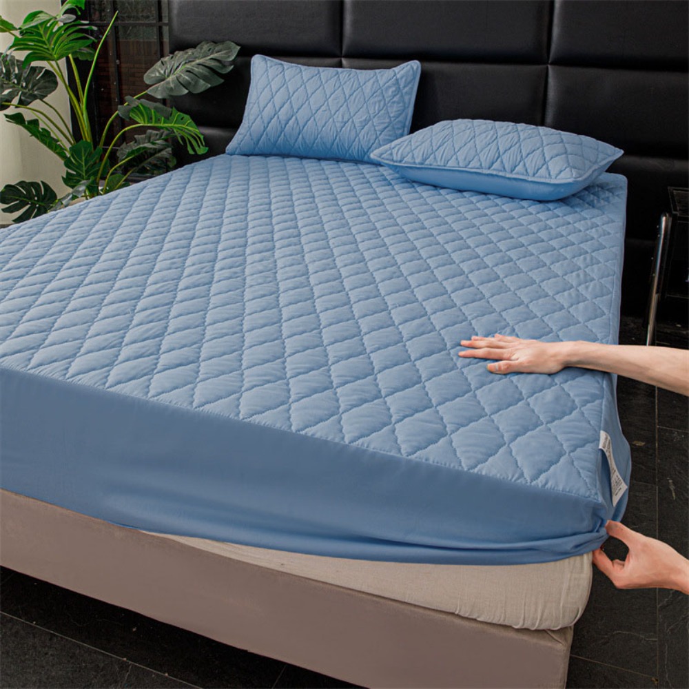 Waterproof Mattress Cover Solid Color Dust Proof Matress Protector Breathable Rhombus Lattice Pattern Bedspread King/Queen Size: Blue