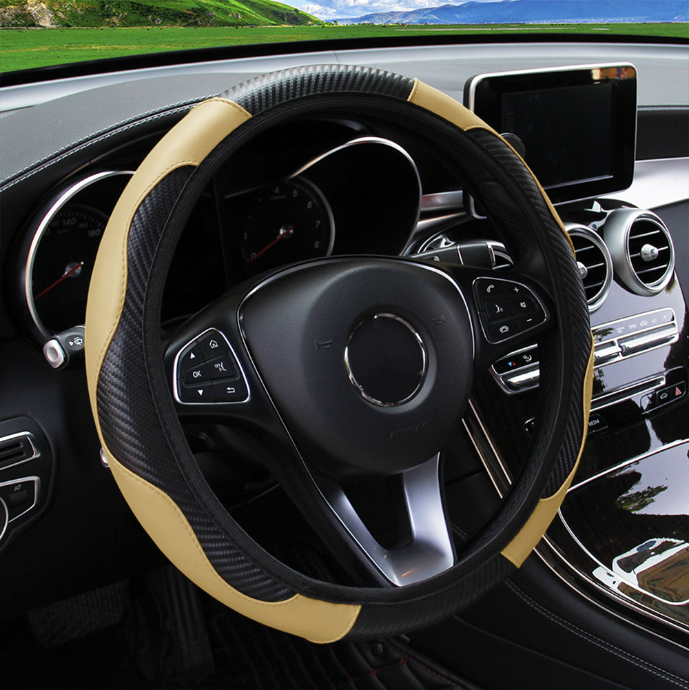 Juste de volant de voiture en cuir PU, fibre de carbone, sans anneau intérieur, adaptée aux amarans de 14.5 à 15, fournitures automobiles: Beige