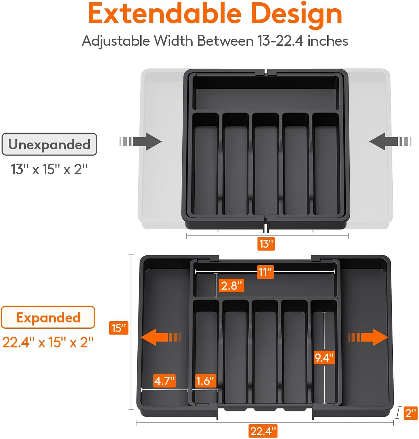 Organizador de utensilios expandible para cajones de cocina, organizador de cajones de cubiertos grande, divisor, bandeja de utensilios de cocina ajustable: Negro