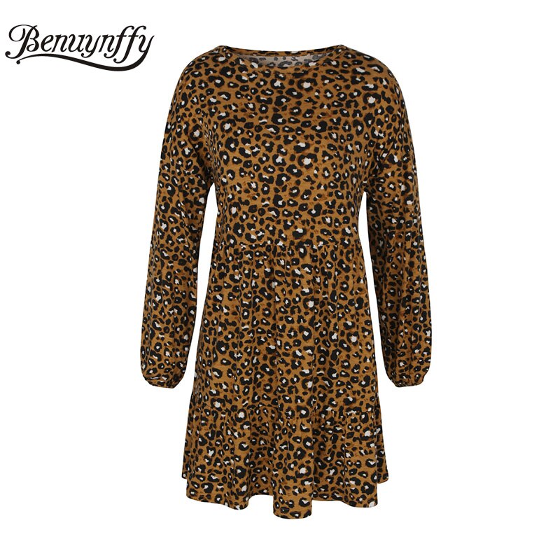 Benuynffy Herbst Winter Frauen Rüschen trimmen Leopard Druck Kleid verlieren Oansatz Langarm lässig A-linie Mini Kleider: Braun / M