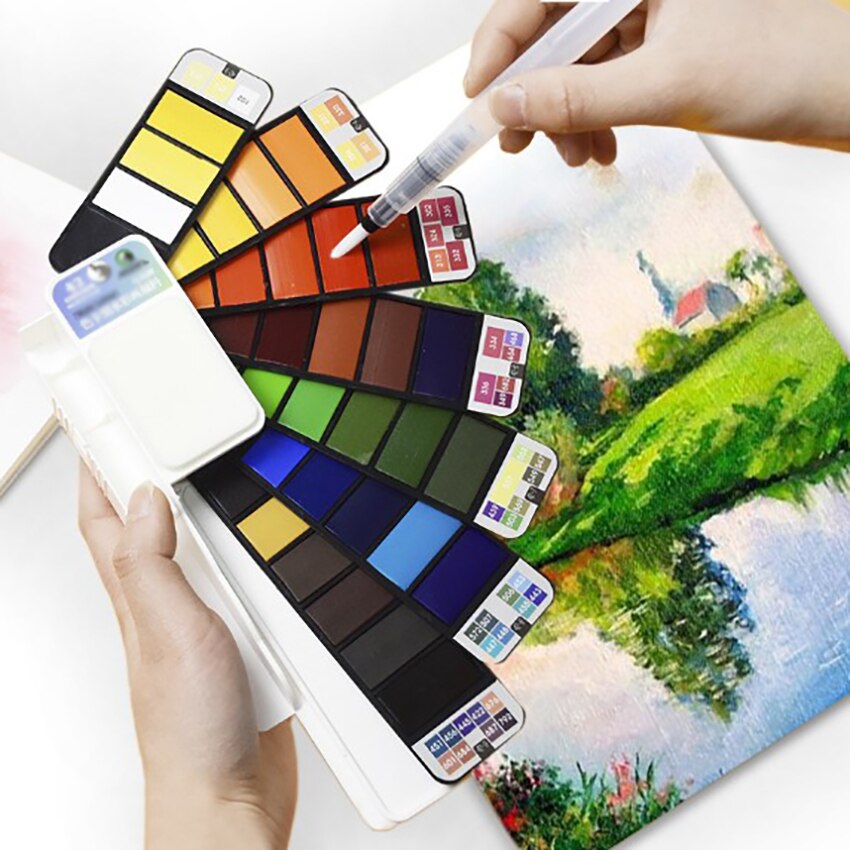 18/25/33/42 kleuren Opvouwbare Effen Aquarel Verf Set Fan Vormige Aquarel Met Water Borstel Pen wasbare Spons