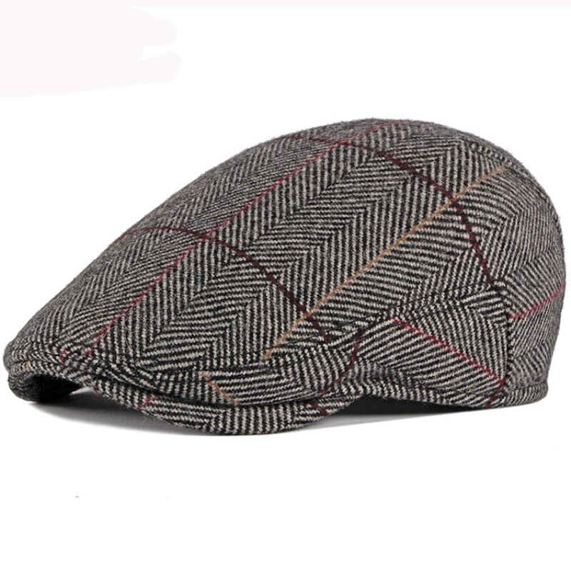 HT2777 Beret Men Cap Thick Warm Autumn Winter Hat Beret Cap Vintage Plaid Earflap Cap Wool Hat Ivy Newsboy Flat Cap: Gray / 59