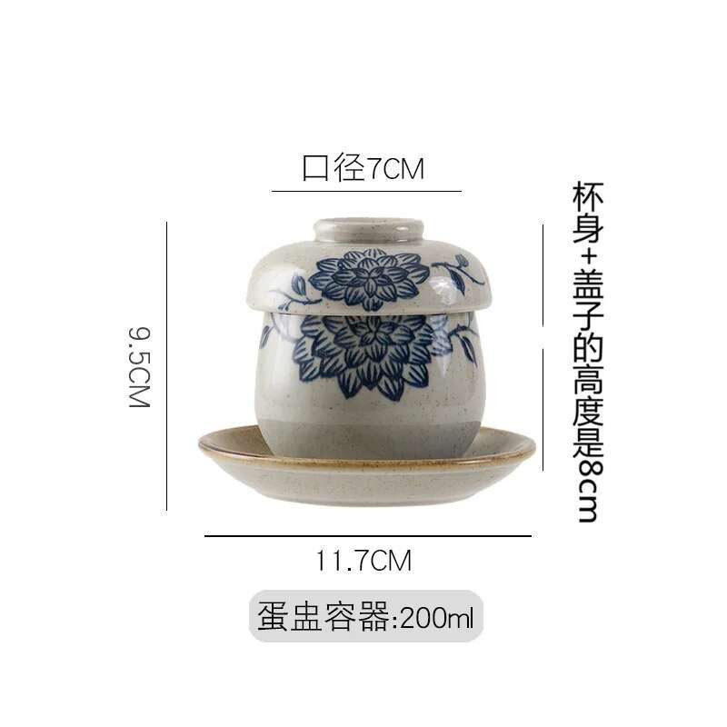 Filles à vapeur avec couvercle, bol à pudding en céramique, tasse à vapeur à œufs japonaise, Dessert, accent d'oiseau, petit bol à soupe aux œufs: Bleu