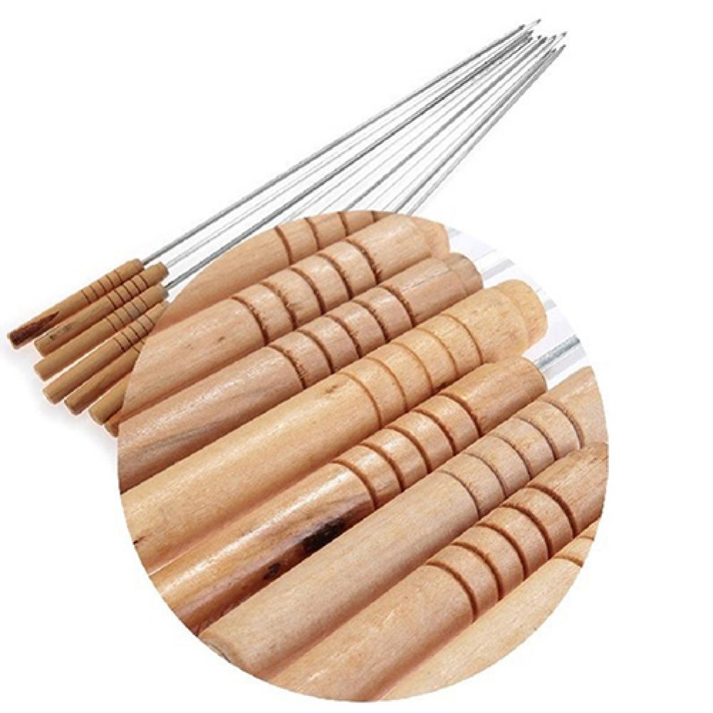 10 Pcs Flat Barbecue Stick BBQ Roasting Needle With Wooden Handle Brochette Tong for Skewers Stainless Steel Roasting equipment