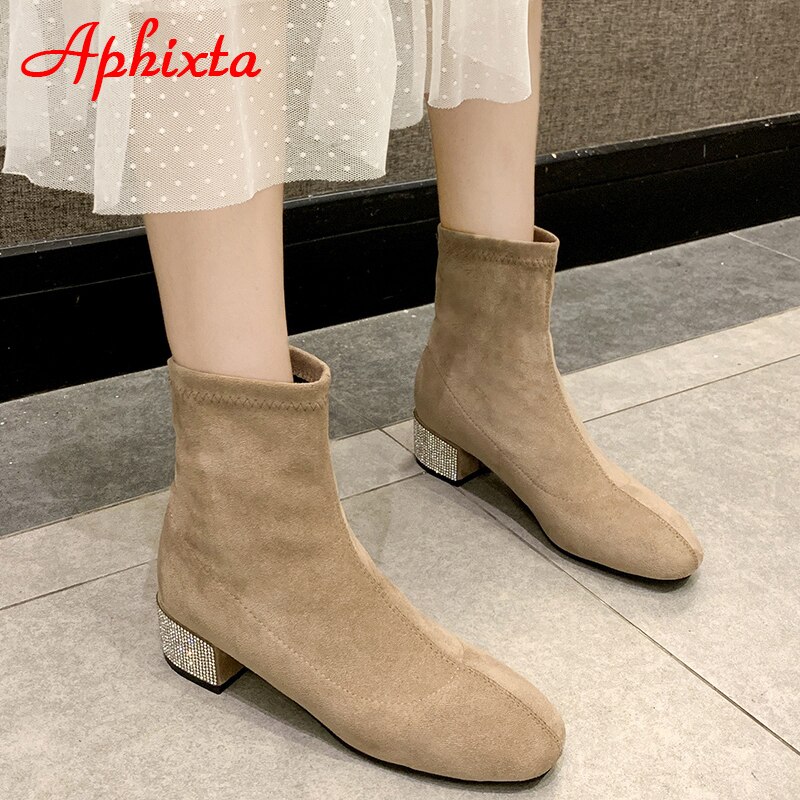 Aphixta kristaller 4.5cm fyrkantiga klackar strumpor stövlar dam stretchtyg spetsiga ankelstövlar skor kvinna båtar: Beige / 8.5