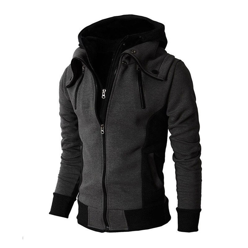 Men's outdoor sportswear cotton cardigan jacket cotton sweater pull cap overcoat loose coat garmen outer wear Hooded Coat: Black / S