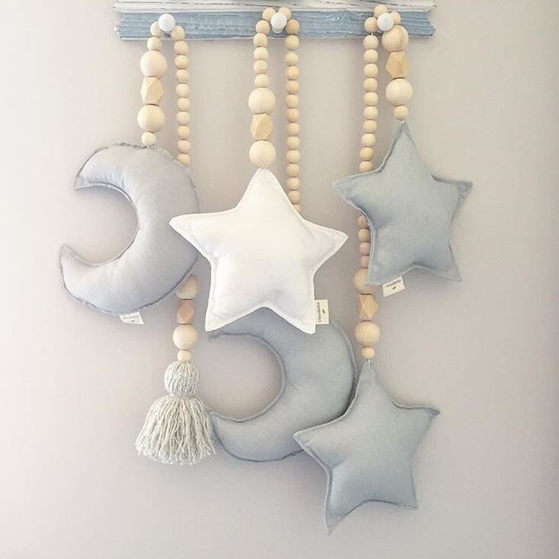 Ornamento nórdico de cuentas de madera para decoración de habitación de niños, doble luna, estrella, tienda de cuna para bebé, colgante, decoración de pared, accesorios de fotografía