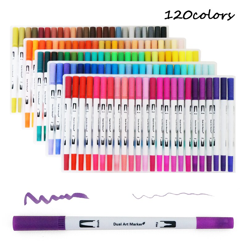 100 farver kunstmarkører dobbelt tip farvelægning pensel fin liner farve vandmarkør skoleartikler til tegning af farvebog