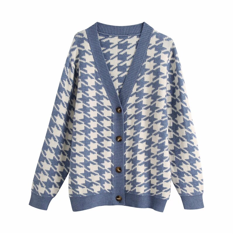 Evfer-cardigan pied de poule pour femmes, pull tricoté noir, pull à carreaux Chic, col en v, à manches longues, automne décontracté: blue / L